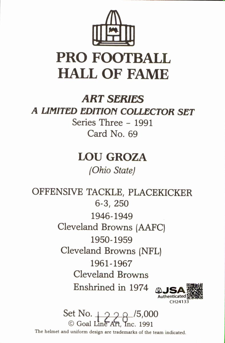 Lou Groza Brows HOF Autographed Goal Line Art GLAC Postcard JSA
