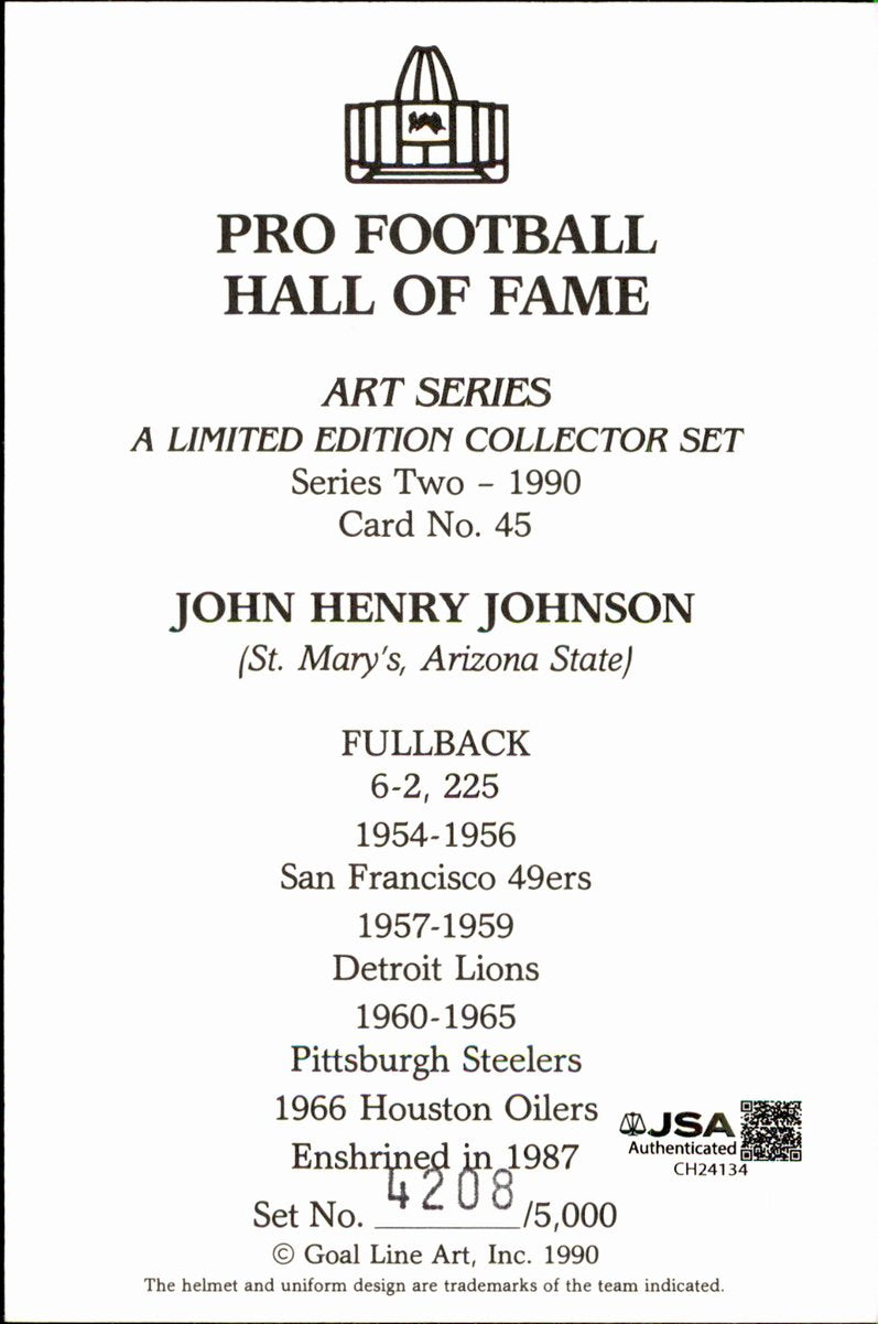 John Henry Johnson Steelers HOF Autographed Goal Line Art GLAC Postcard JSA