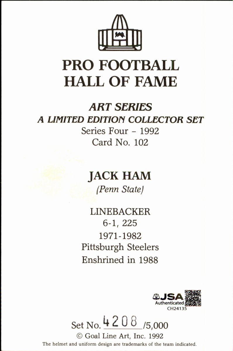 Jack Ham Steelers HOF Autographed Goal Line Art GLAC Postcard JSA