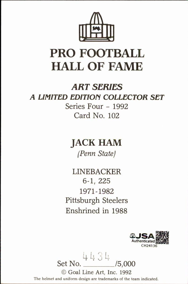 Jack Ham Steelers HOF Autographed Goal Line Art GLAC Postcard JSA