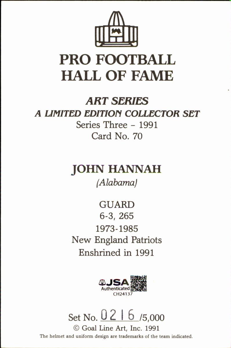 John Hannah Patriots HOF Autographed Goal Line Art GLAC Postcard JSA