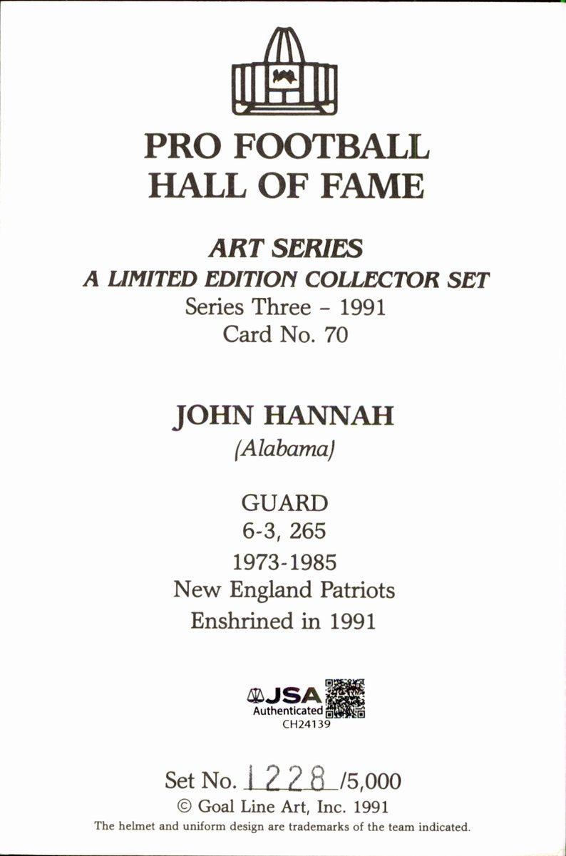 John Hannah Patriots HOF Autographed Goal Line Art GLAC Postcard JSA
