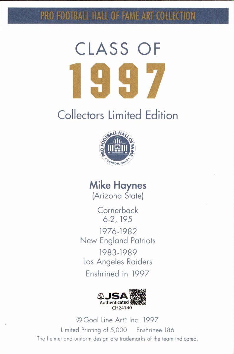 Mike Haynes Raiders HOF Autographed Goal Line Art GLAC Postcard JSA