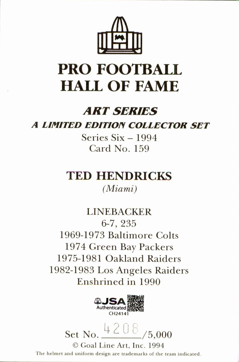 Ted Hendricks Raiders HOF Autographed Goal Line Art GLAC Postcard JSA