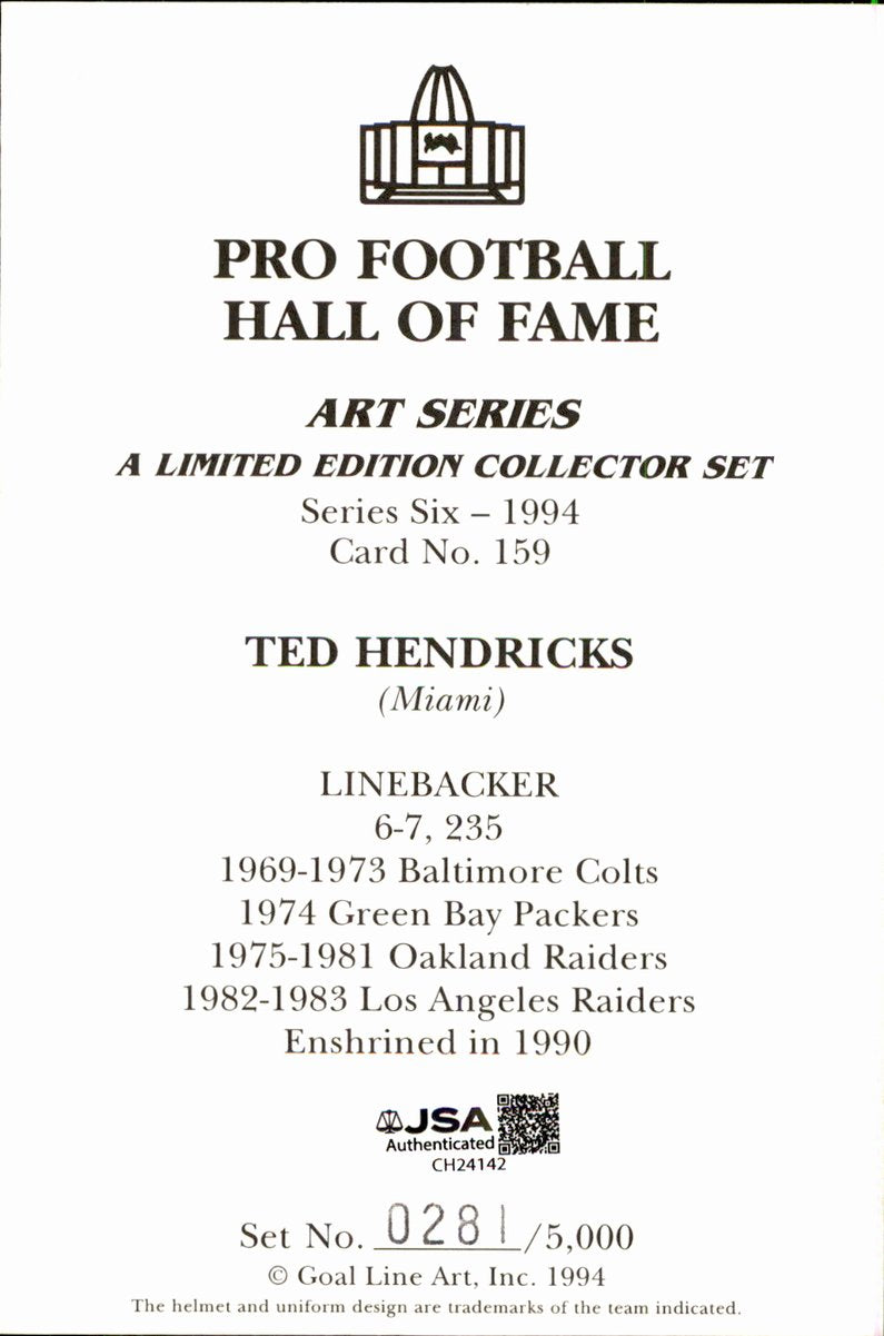 Ted Hendricks Raiders HOF Autographed Goal Line Art GLAC Postcard JSA