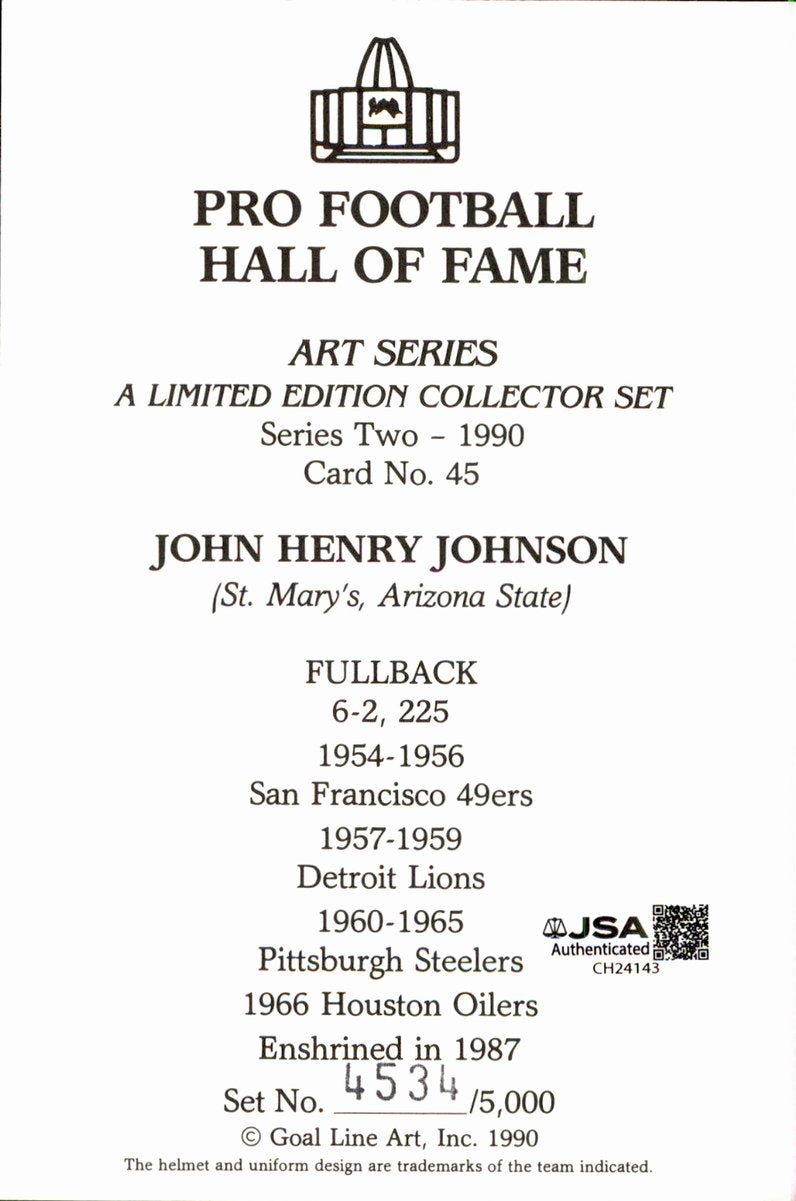 John Henry Johnson Steelers HOF Autographed Goal Line Art GLAC Postcard JSA