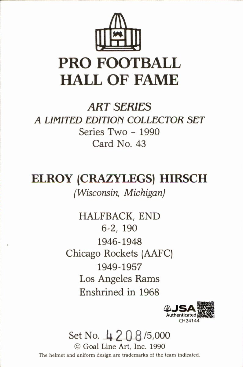 Elroy Crazy Legs Hirsch Rams HOF Autographed Goal Line Art GLAC Postcard JSA