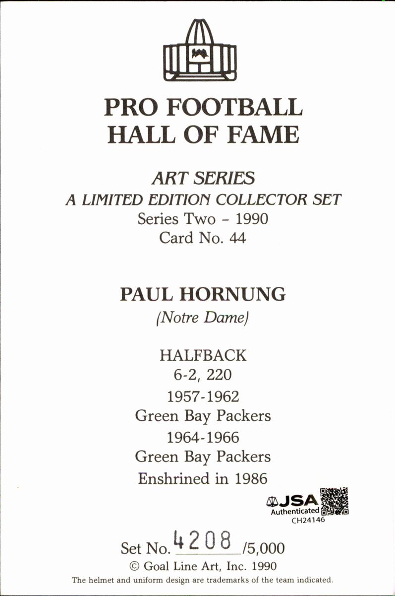 Paul Hornung Packers HOF Autographed Goal Line Art GLAC Postcard JSA