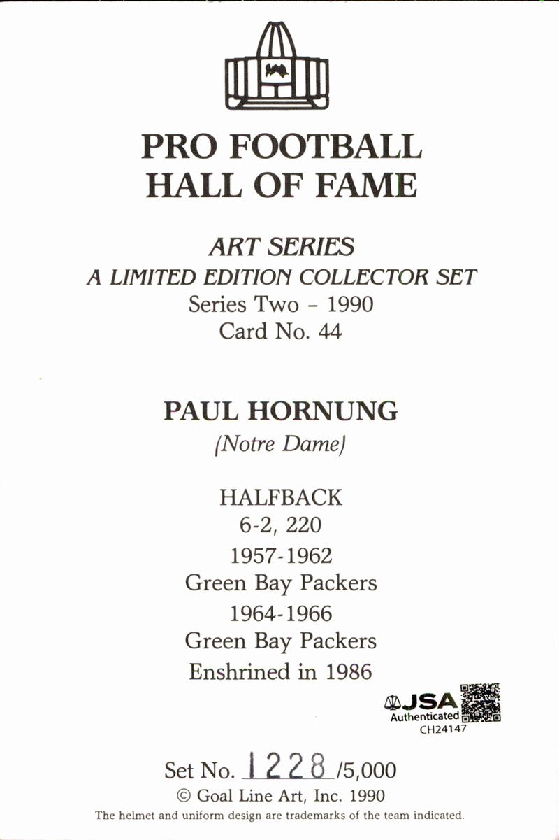 Paul Hornung Packers HOF Autographed Goal Line Art GLAC Postcard JSA