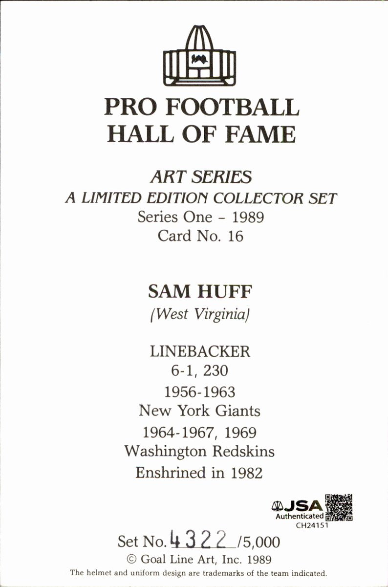 Sam Huff Giants HOF Autographed Goal Line Art GLAC Postcard JSA