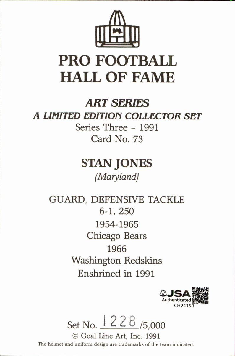 Stan Jones Bears HOF Autographed Goal Line Art GLAC Postcard JSA