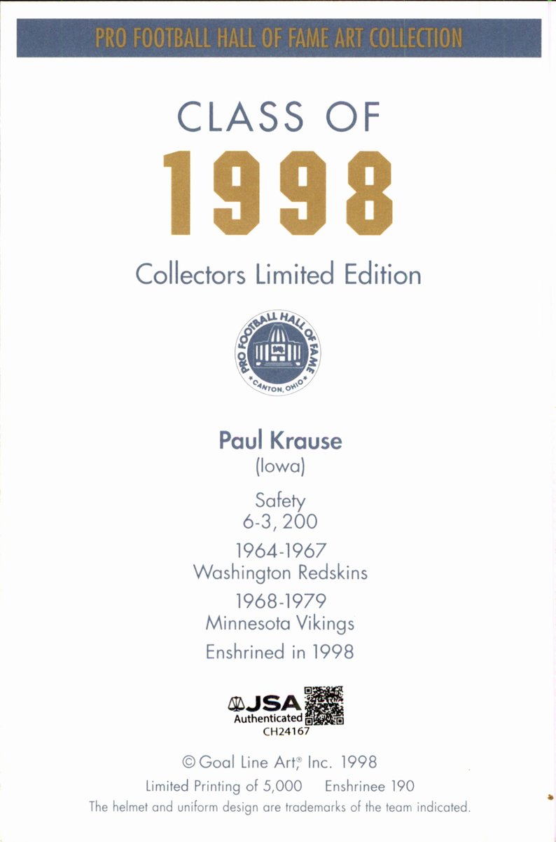 Paul Krause Vikings HOF Autographed Goal Line Art GLAC Postcard JSA