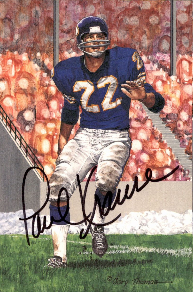 Paul Krause Vikings HOF Autographed Goal Line Art GLAC Postcard JSA