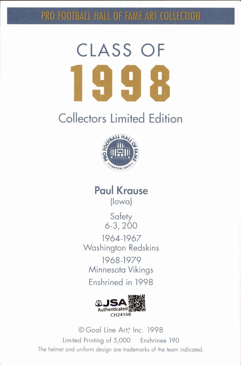 Paul Krause Vikings HOF Autographed Goal Line Art GLAC Postcard JSA