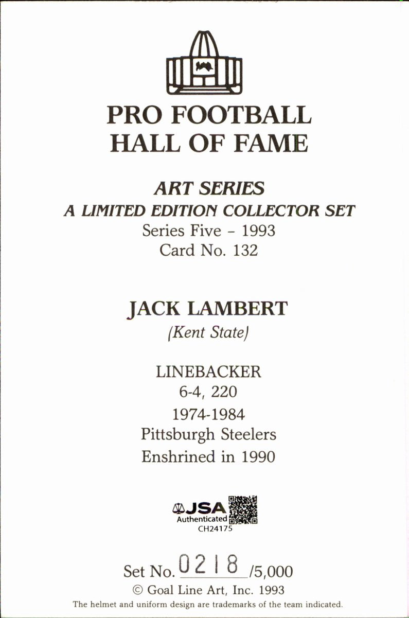 Jack Lambert Steelers HOF Autographed Goal Line Art GLAC Postcard JSA