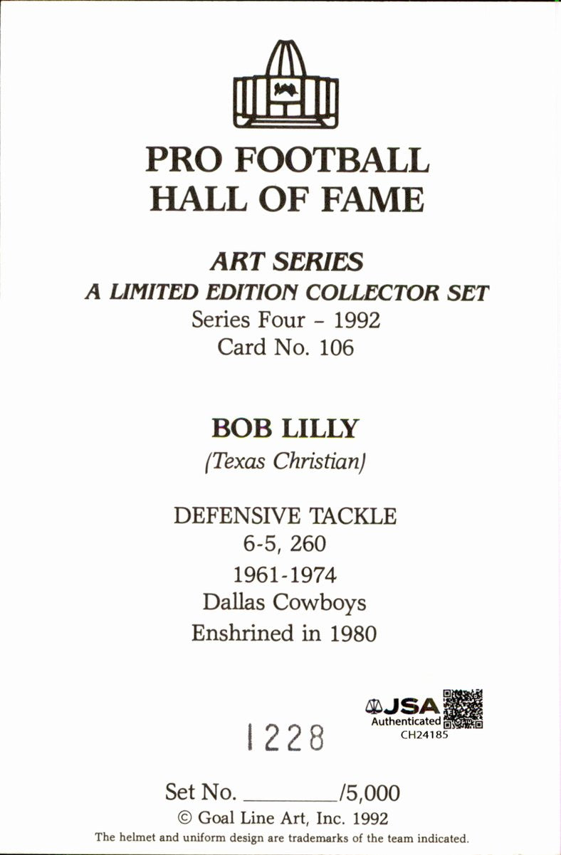 Bob Lilly Cowboys HOF Autographed Goal Line Art GLAC Postcard JSA