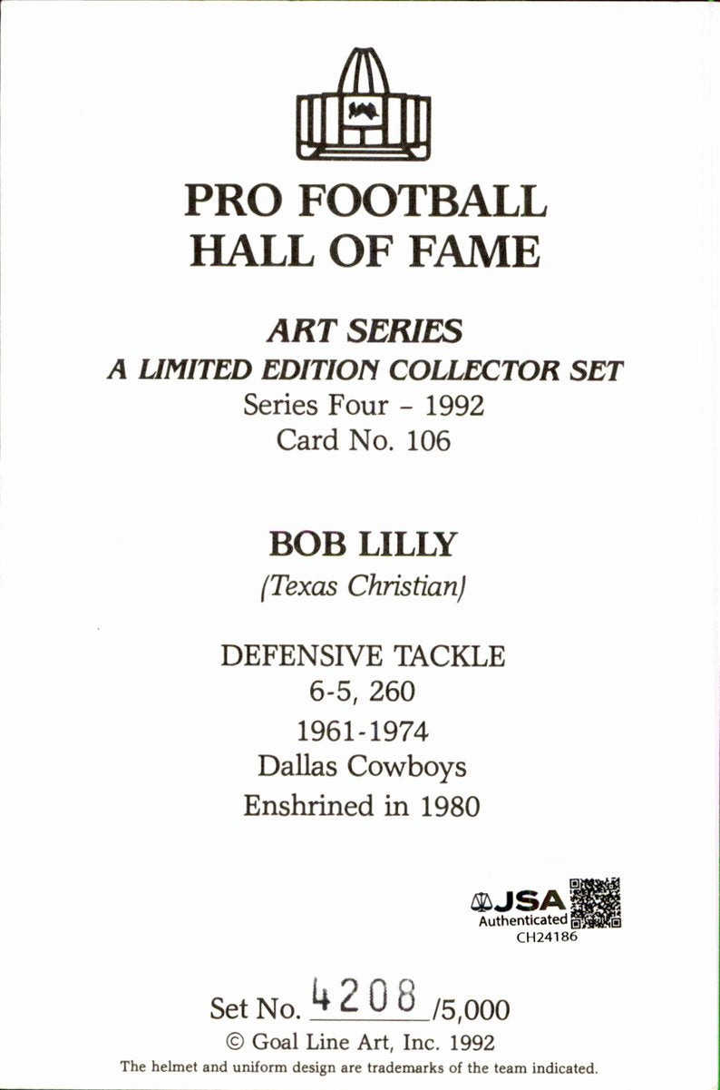 Bob Lilly Cowboys HOF Autographed Goal Line Art GLAC Postcard JSA