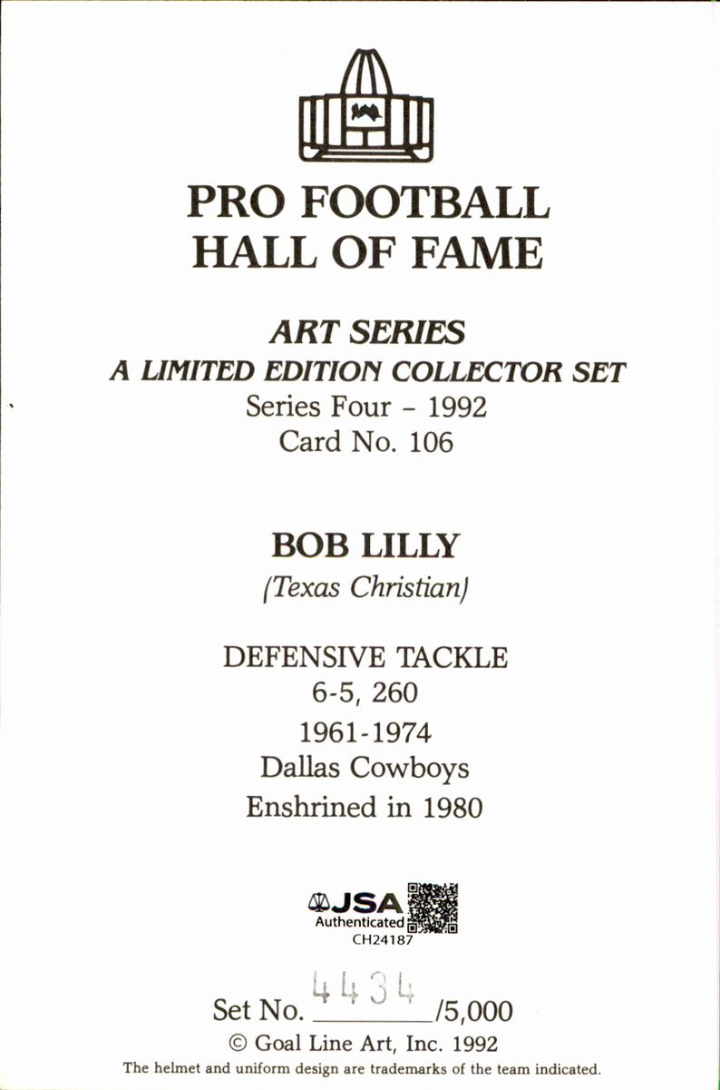 Bob Lilly Cowboys HOF Autographed Goal Line Art GLAC Postcard JSA