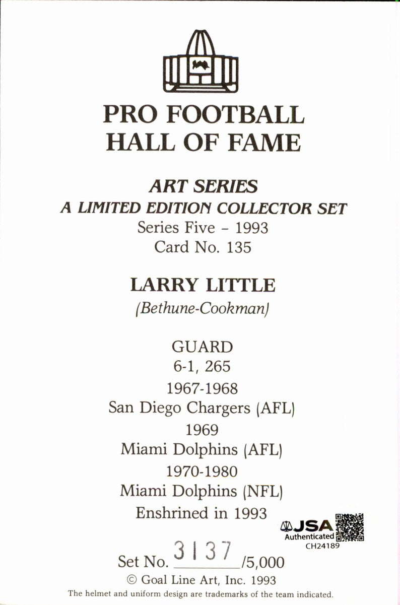 Larry Little Dolphins HOF Autographed Goal Line Art GLAC Postcard JSA