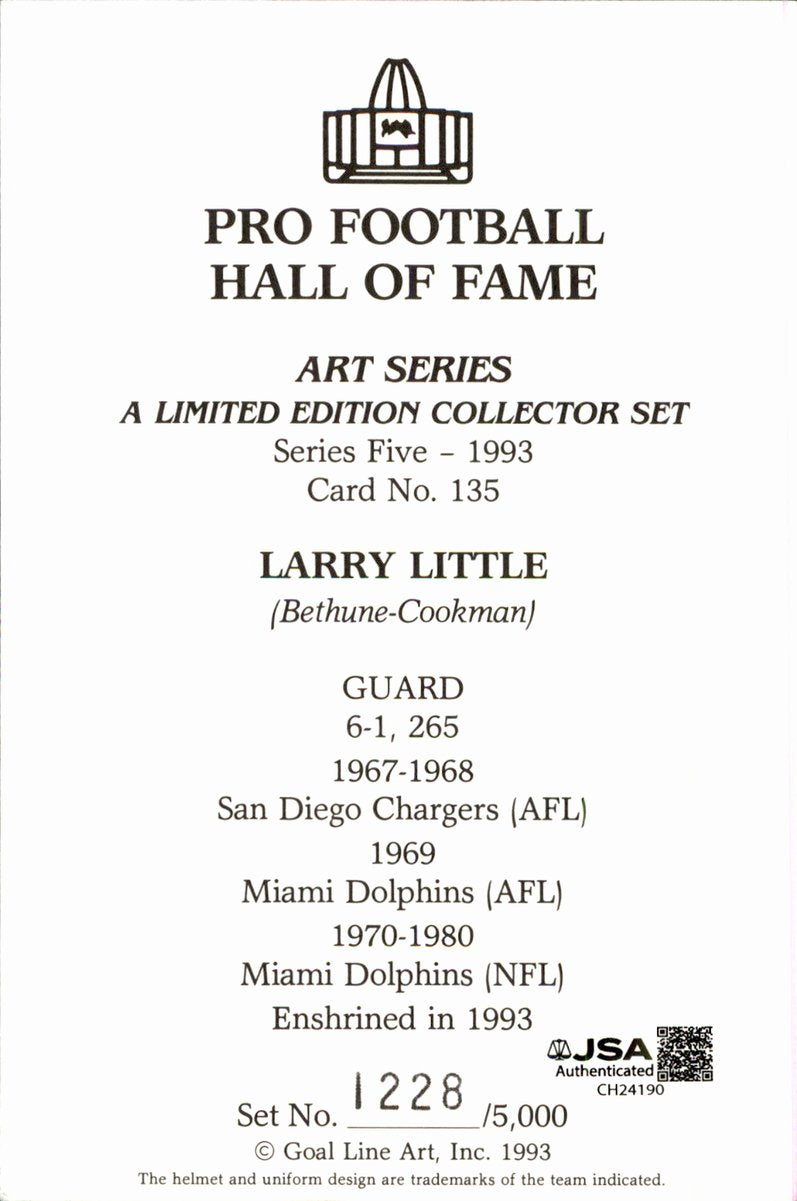 Larry Little Dolphins HOF Autographed Goal Line Art GLAC Postcard JSA