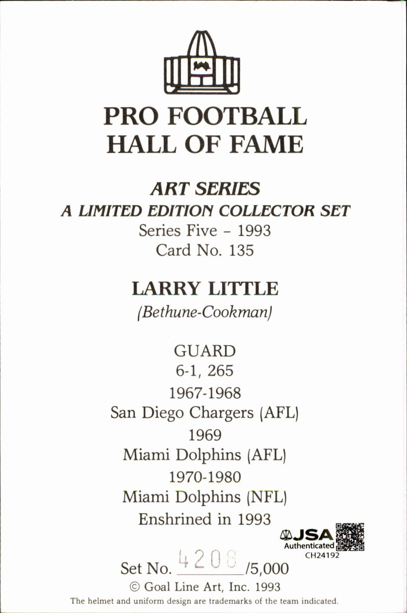 Larry Little Dolphins HOF Autographed Goal Line Art GLAC Postcard JSA