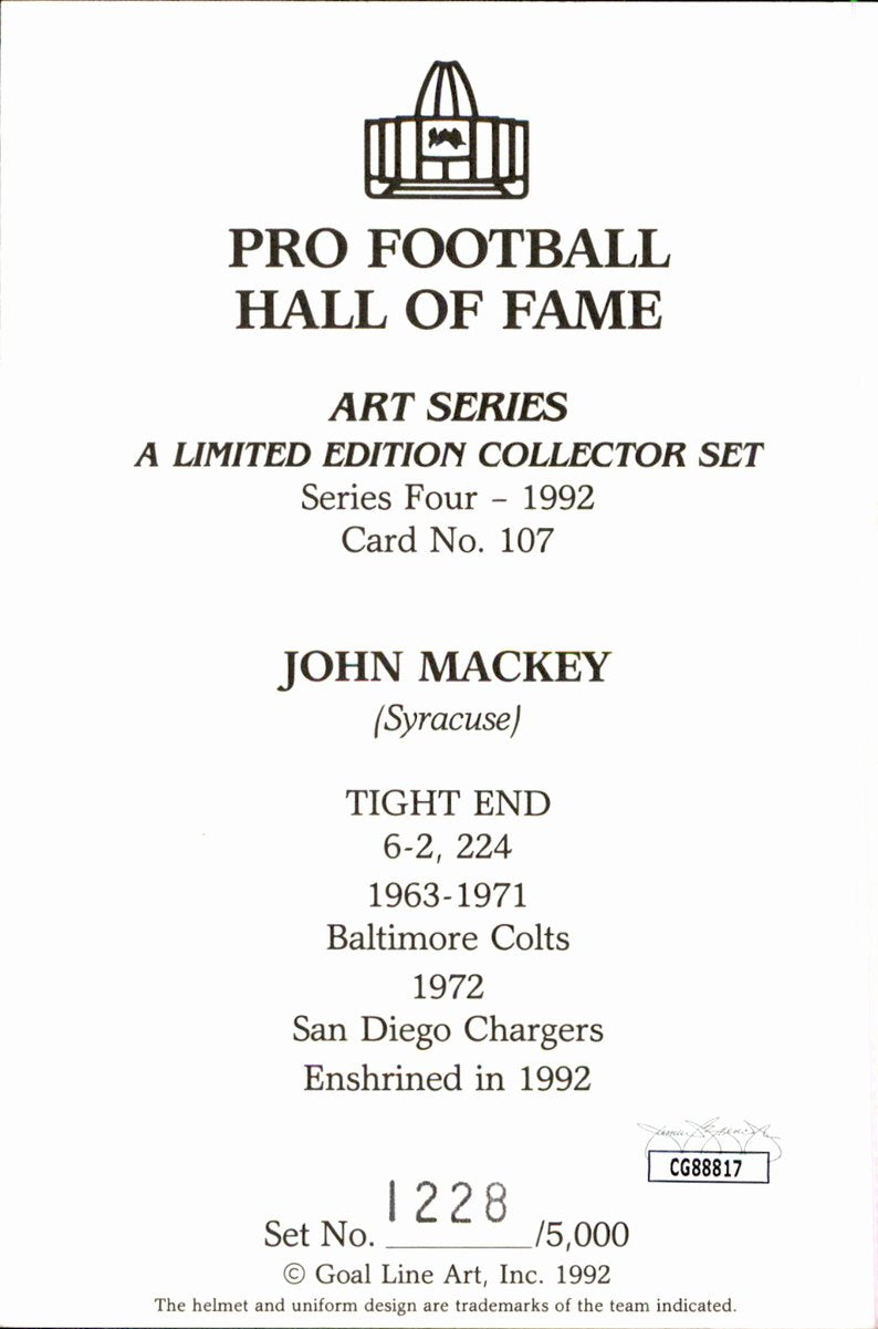 John Mackey Colts HOF Autographed Goal Line Art GLAC Postcard JSA