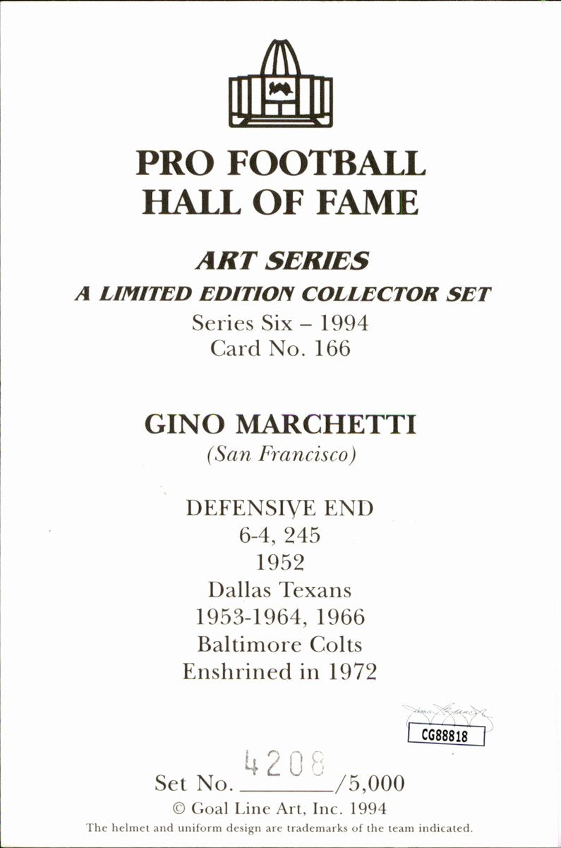Gino Marchetti Colts HOF Autographed Goal Line Art GLAC Postcard JSA