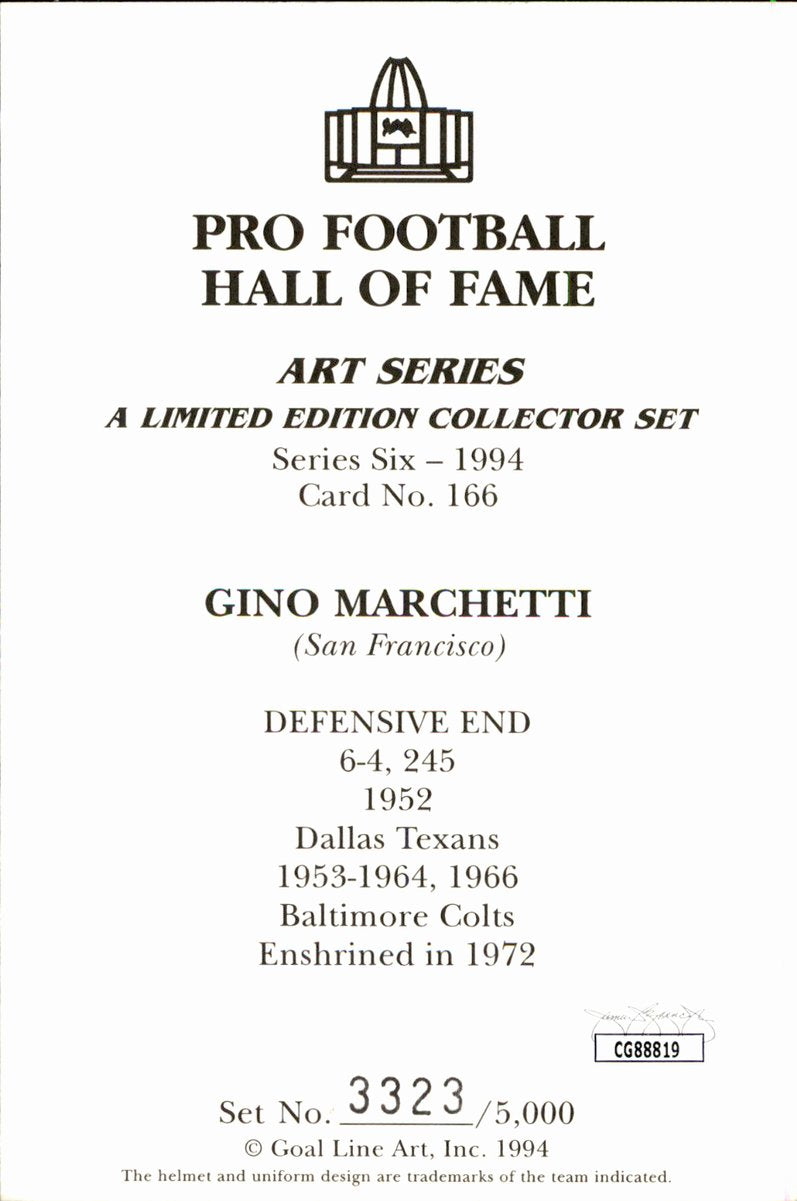 Gino Marchetti Colts HOF Autographed Goal Line Art GLAC Postcard JSA