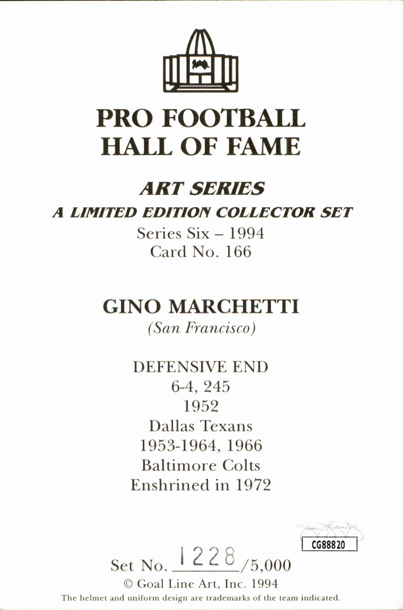 Gino Marchetti Colts HOF Autographed Goal Line Art GLAC Postcard JSA