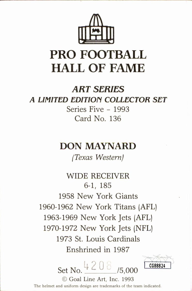 Don Maynard Jets HOF Autographed Goal Line Art GLAC Postcard JSA