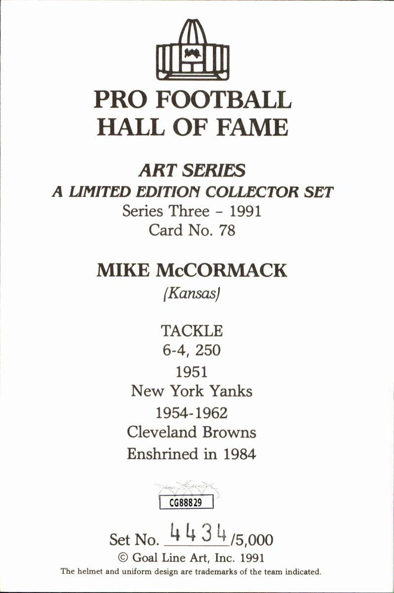 Mike McCormack Browns HOF Autographed Goal Line Art GLAC Postcard JSA