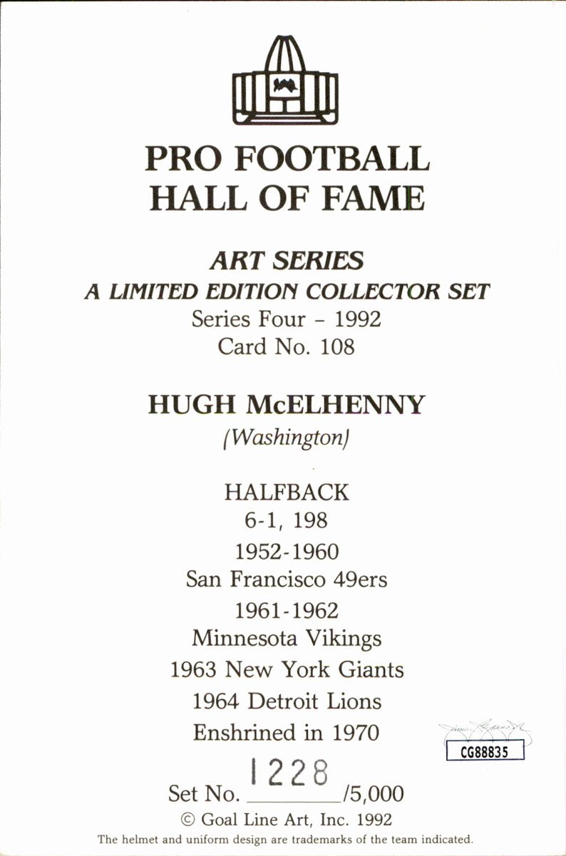 Hugh McElhenny 49ers HOF Autographed Goal Line Art GLAC Postcard JSA