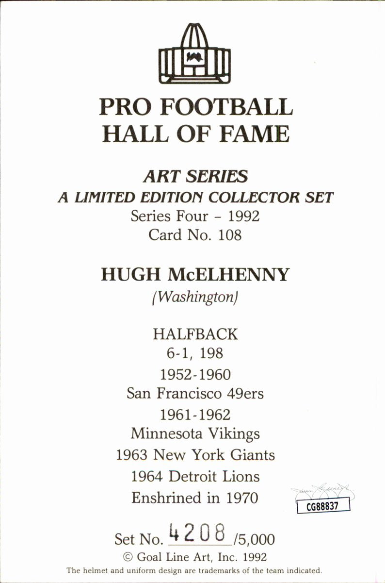 Hugh McElhenny 49ers HOF Autographed Goal Line Art GLAC Postcard JSA