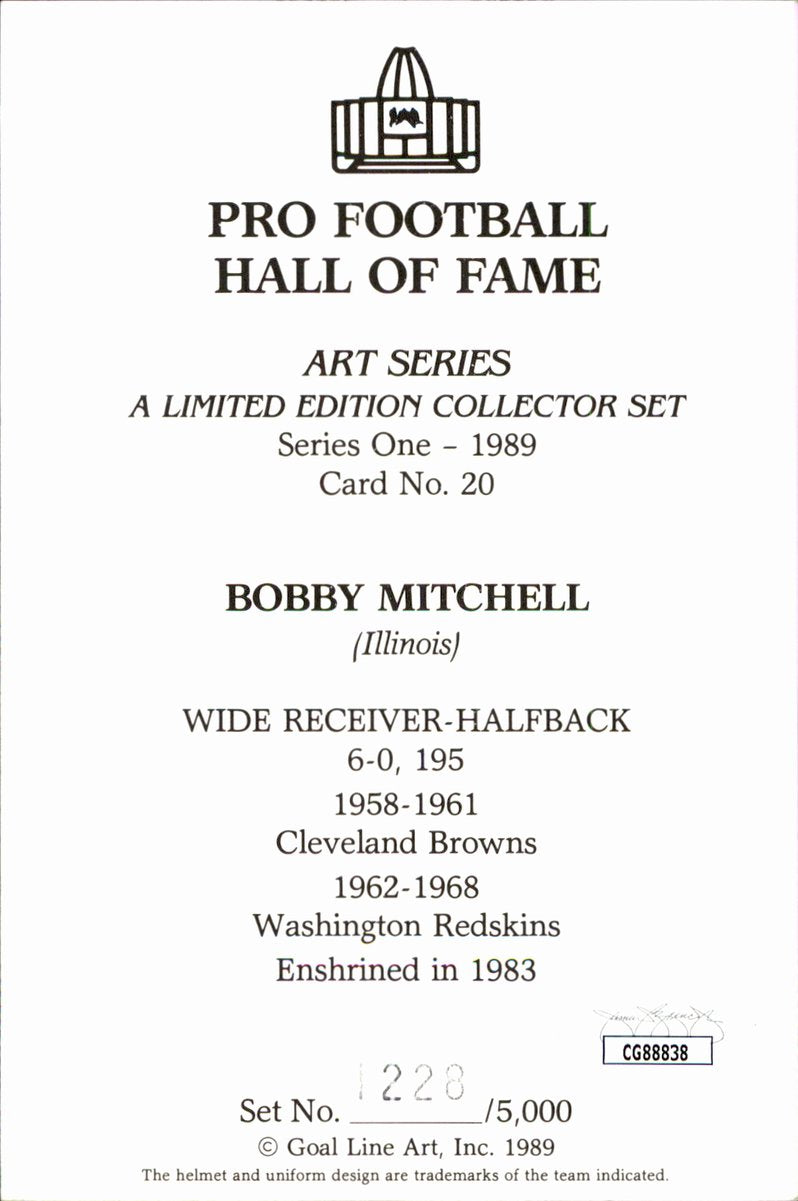 Bobby Mitchell Redskins HOF Autographed Goal Line Art GLAC Postcard JSA