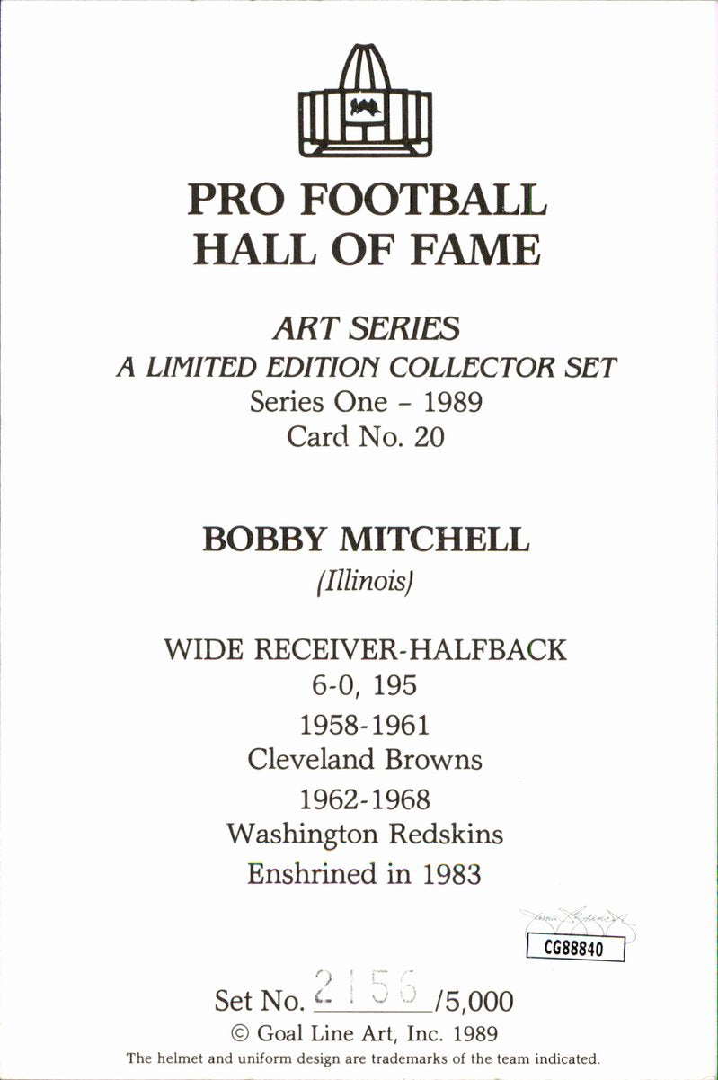 Bobby Mitchell Redskins HOF Autographed Goal Line Art GLAC Postcard JSA