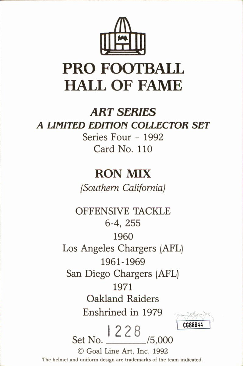 Ron Mix Chargers HOF Autographed Goal Line Art GLAC Postcard JSA