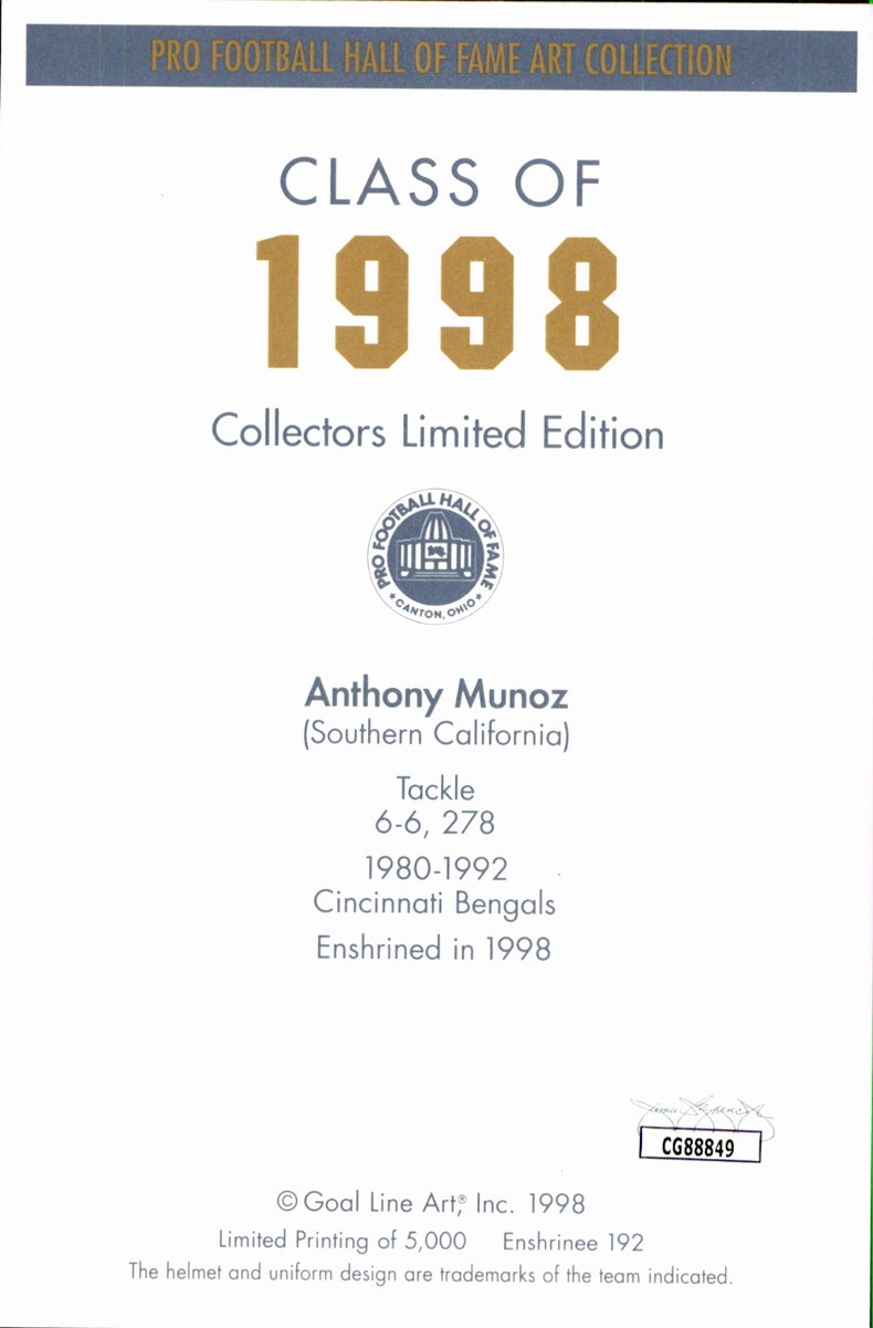 Anthony Munoz Bengals HOF Autographed Goal Line Art GLAC Postcard JSA
