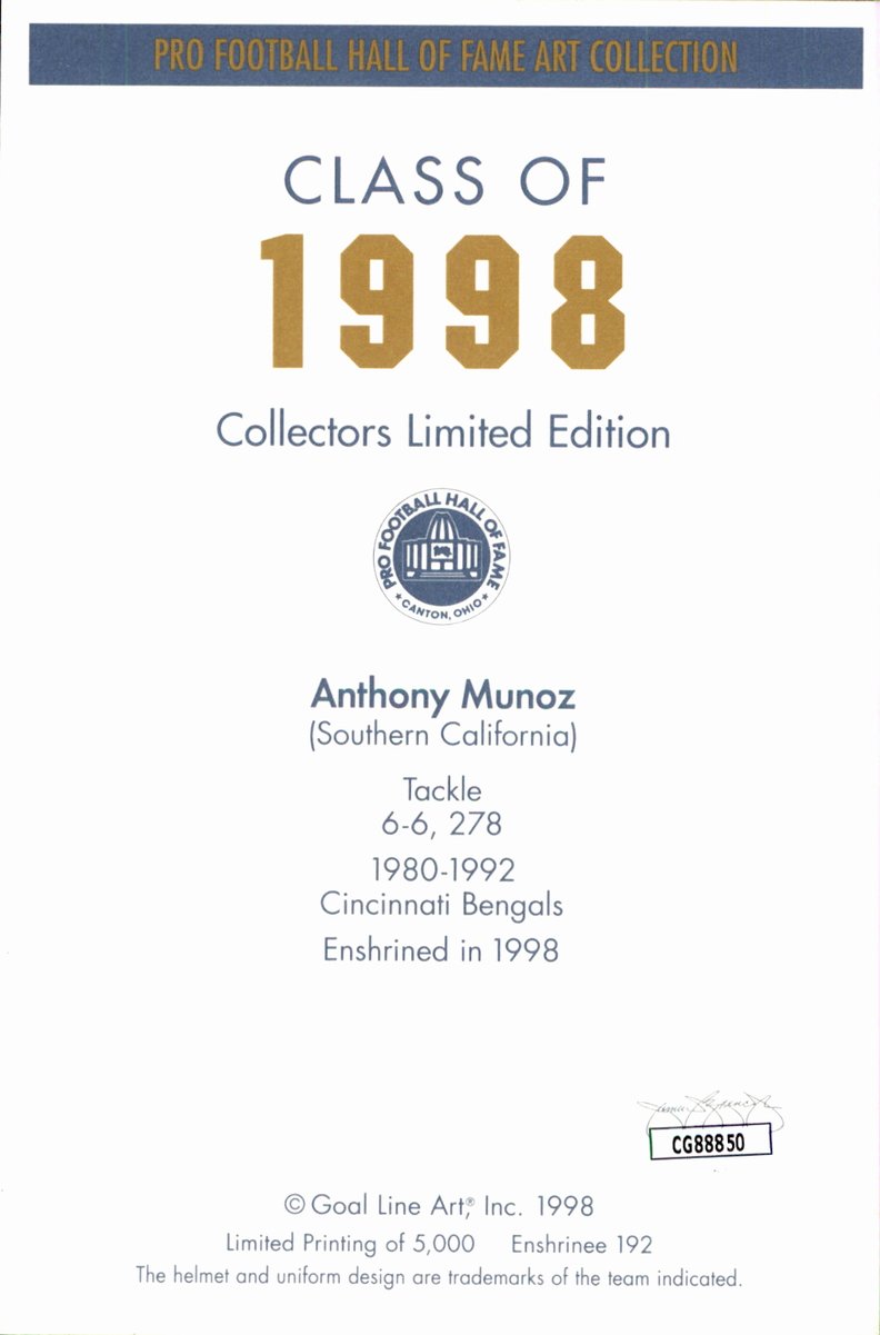 Anthony Munoz Bengals HOF Autographed Goal Line Art GLAC Postcard JSA