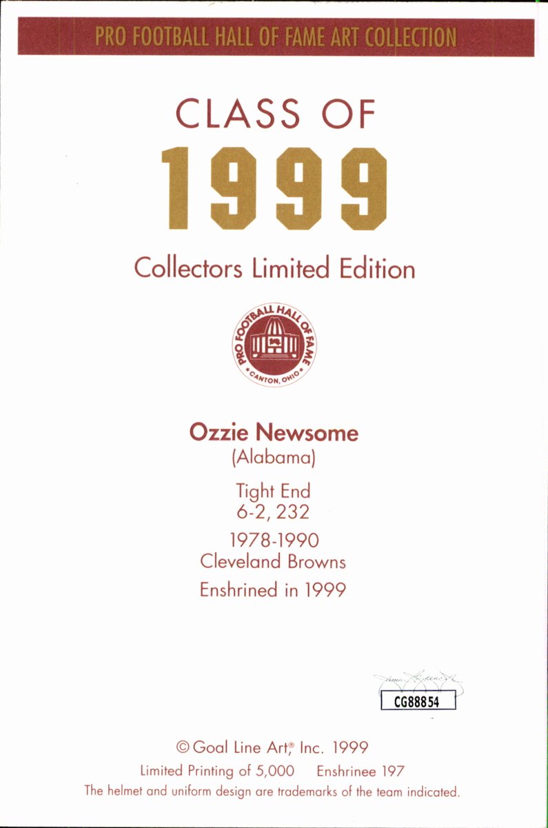 Ozzie Newsome Browns HOF Autographed Goal Line Art GLAC Postcard JSA