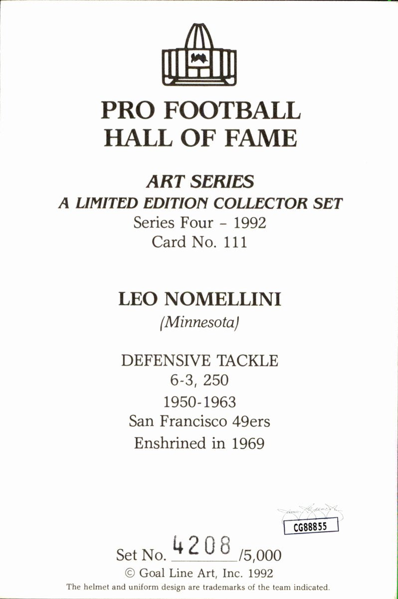 Leo Nomellini 49ers HOF Autographed Goal Line Art GLAC Postcard JSA