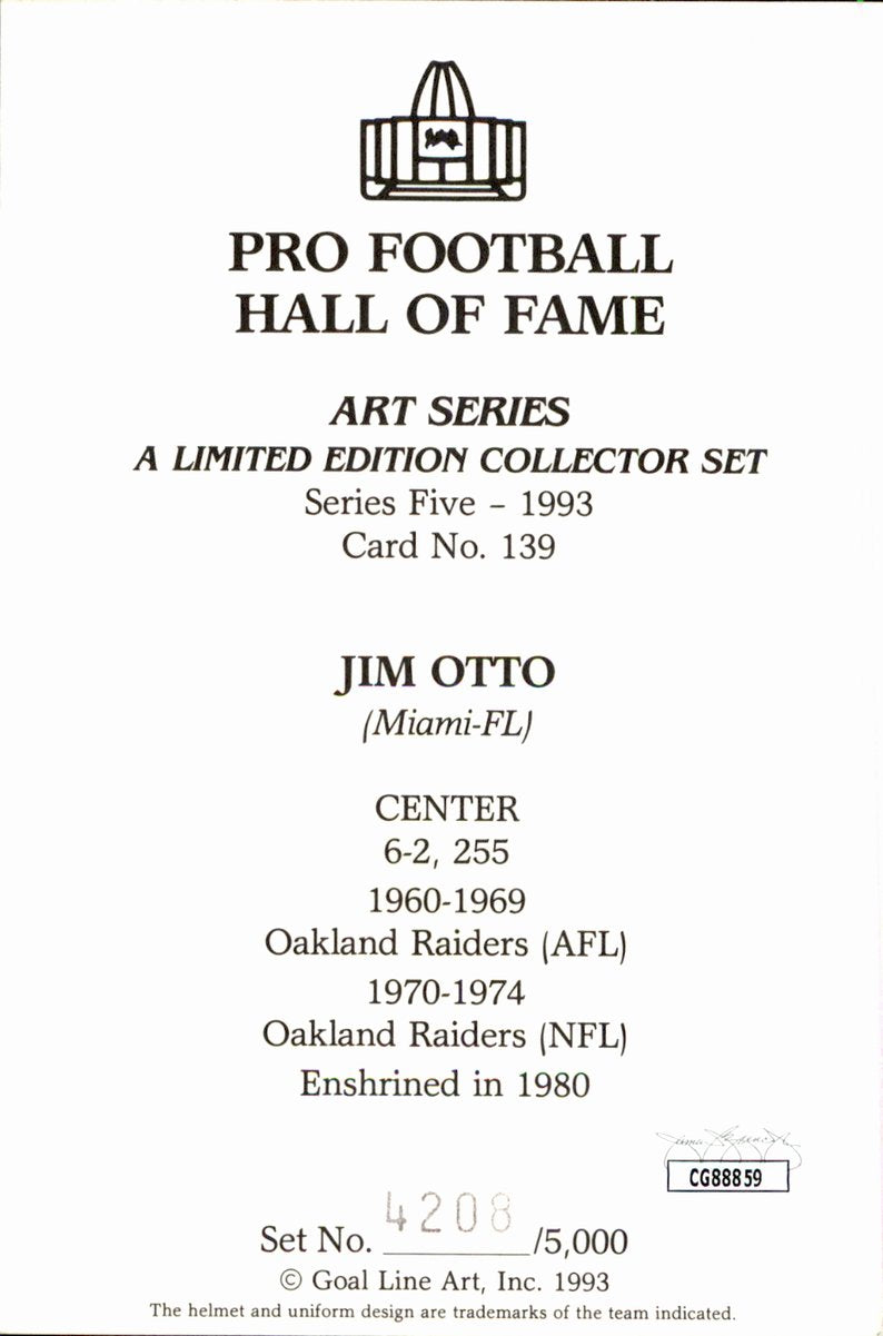 Jim Otto Raiders HOF Autographed Goal Line Art GLAC Postcard JSA