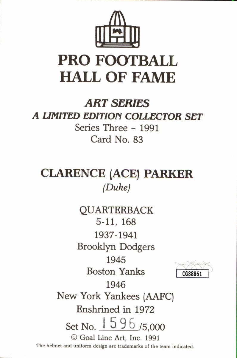 Clarence Ace Parker Dodgers HOF Autographed Goal Line Art GLAC Postcard JSA