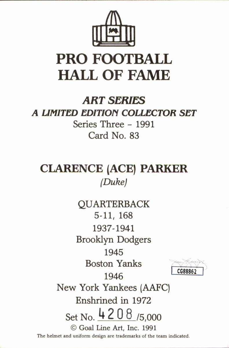 Clarence Ace Parker Dodgers HOF Autographed Goal Line Art GLAC Postcard JSA