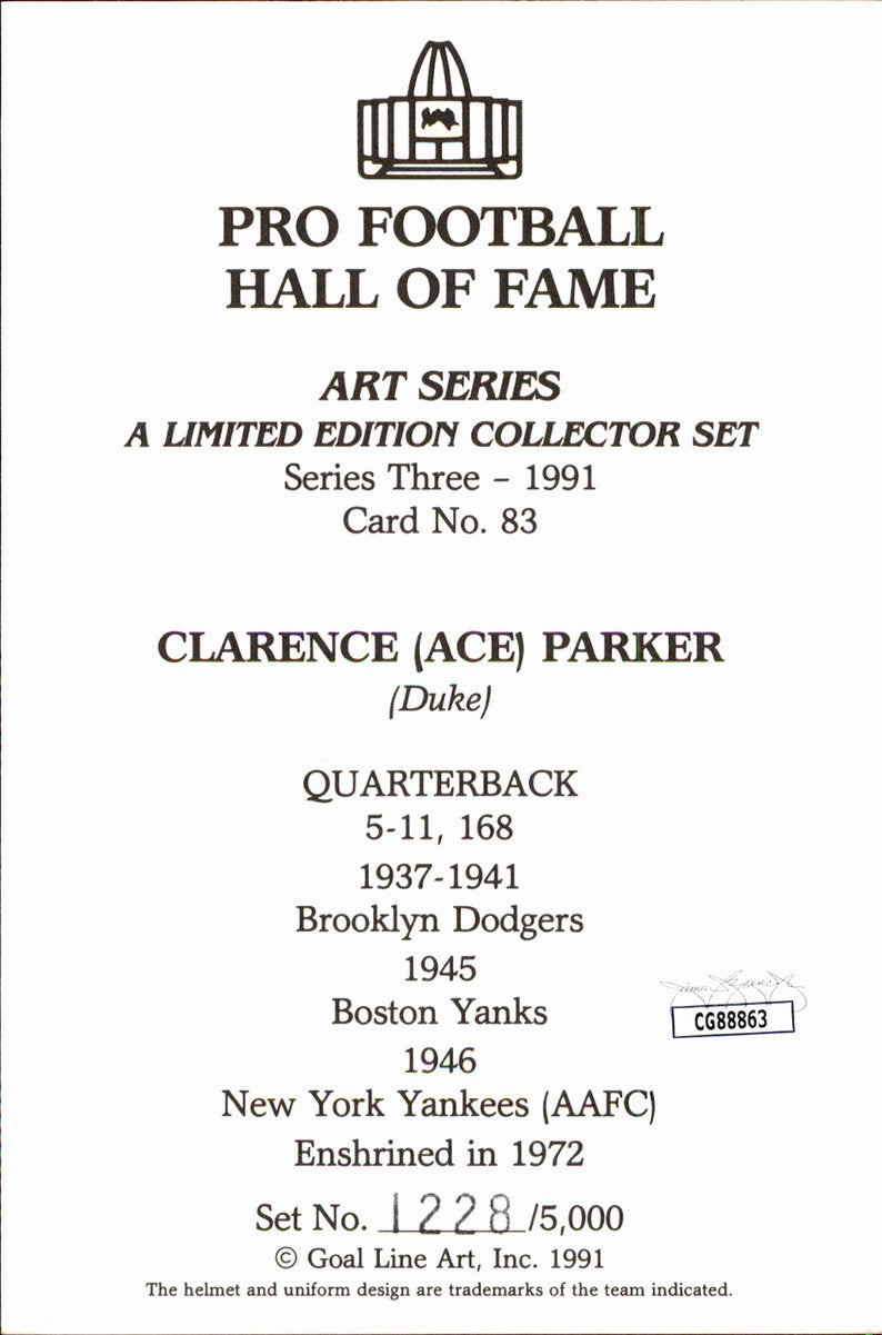 Clarence Ace Parker Dodgers HOF Autographed Goal Line Art GLAC Postcard JSA
