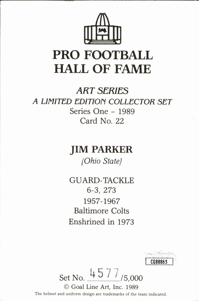 Jim Parker Colts HOF Autographed Goal Line Art GLAC Postcard JSA