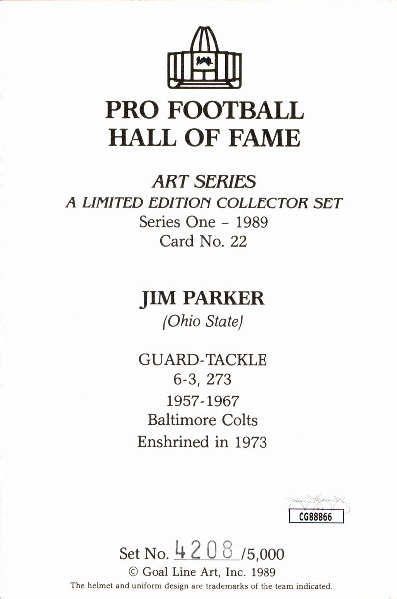 Jim Parker Colts HOF Autographed Goal Line Art GLAC Postcard JSA