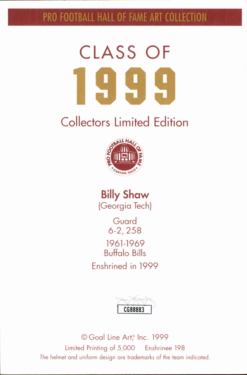 Billy Shaw Bills HOF Autographed Goal Line Art GLAC Postcard JSA