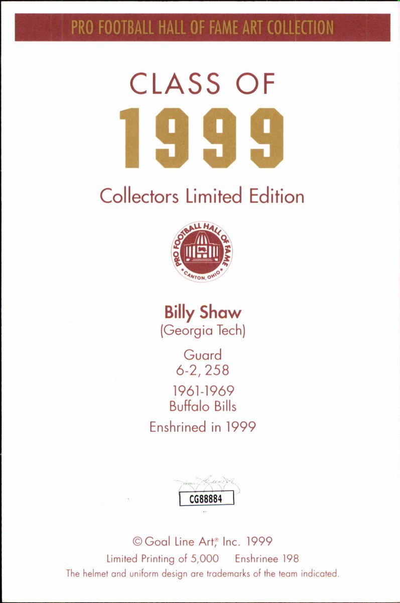 Billy Shaw Bills HOF Autographed Goal Line Art GLAC Postcard JSA
