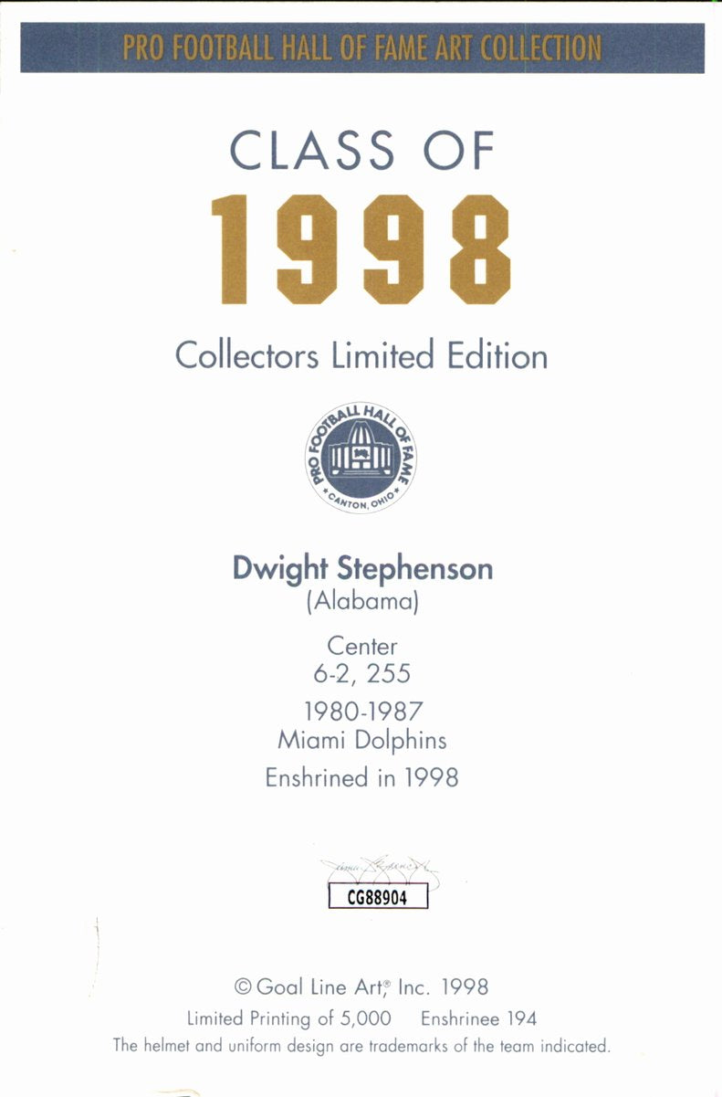 Dwight Stephenson Dolphins HOF Autographed Goal Line Art GLAC Postcard JSA