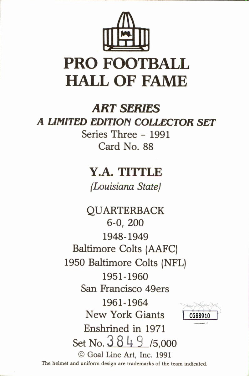Y.A. Tittle Giants HOF Autographed Goal Line Art GLAC Postcard JSA